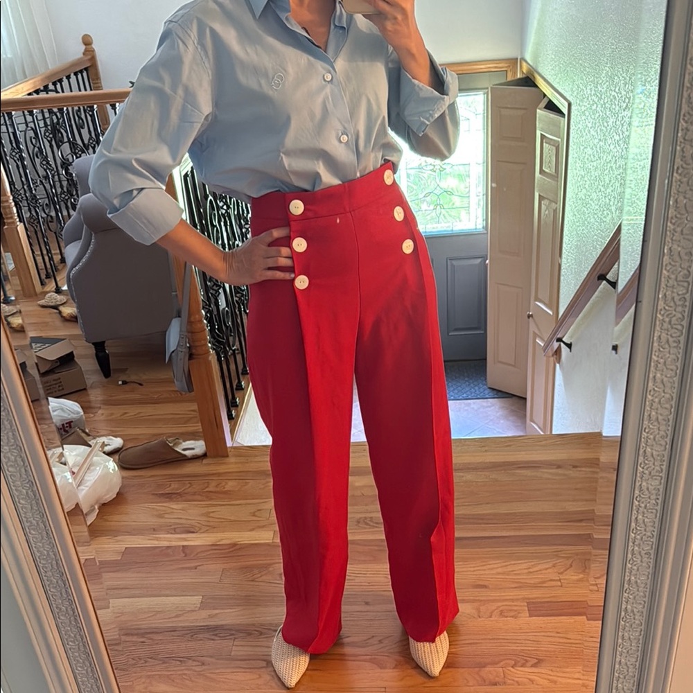 Zara Red Wide Leg Pants with Button Detail